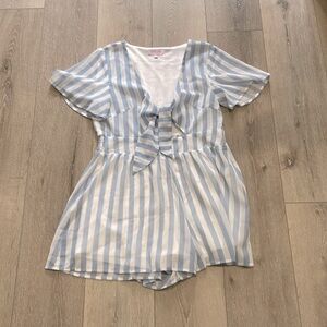 Pink lily, blue, and white striped romper